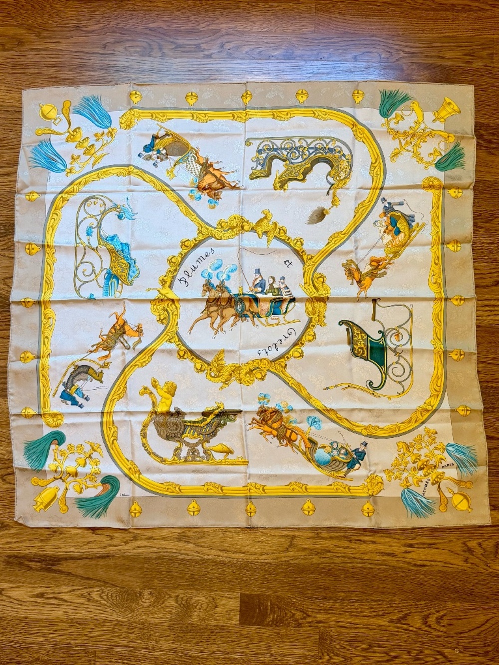 RARE Hermès Jacquard Scarf Plumes et Grelots by Julia Abadie with Holly Leaf